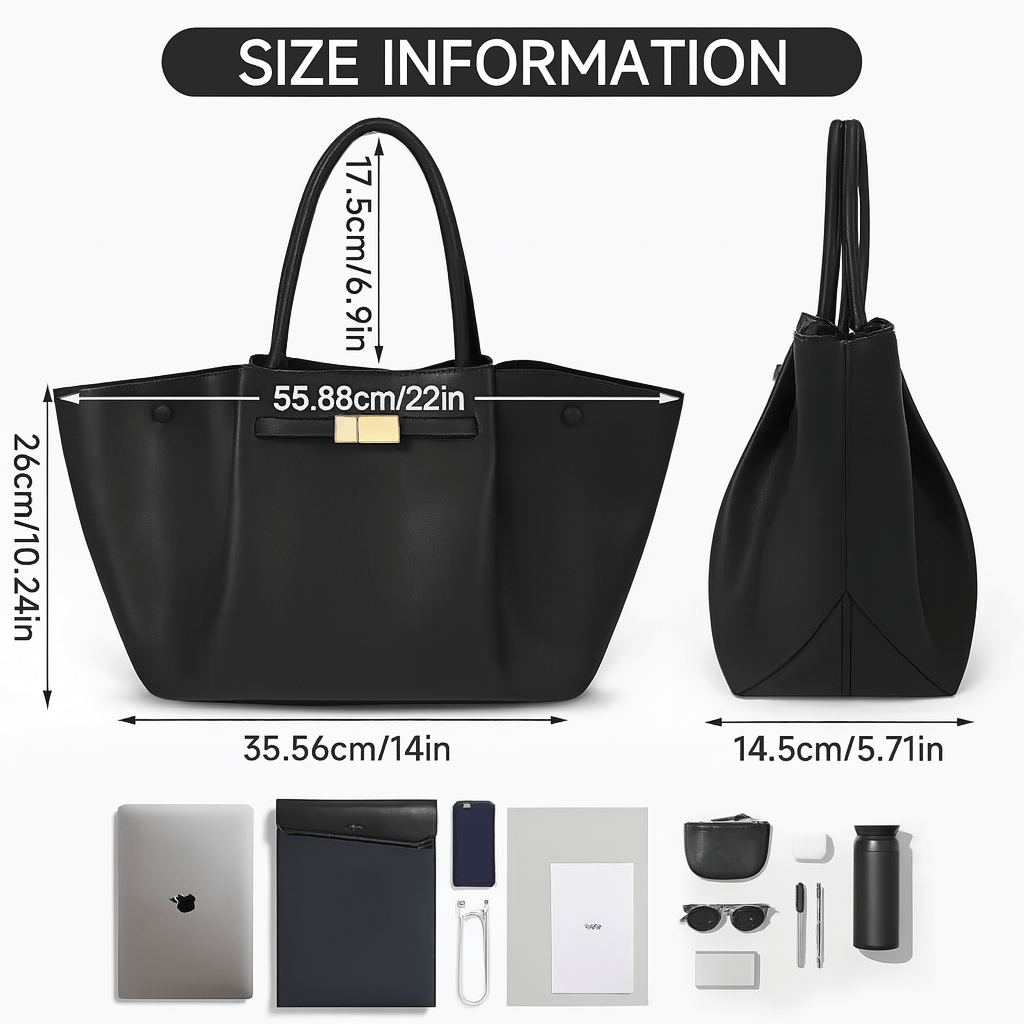 Black tote bag size information with dimensions, showcasing a structured design for practicality.
