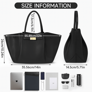 Black tote bag size information with dimensions, showcasing a structured design for practicality.