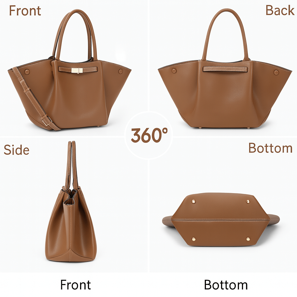 Tan faux leather tote bag featuring structured silhouette and gold-tone clasp, showcasing 360-degree view.