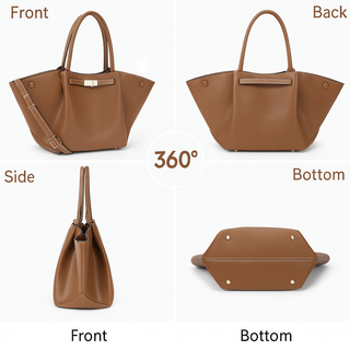 Tan faux leather tote bag featuring structured silhouette and gold-tone clasp, showcasing 360-degree view.