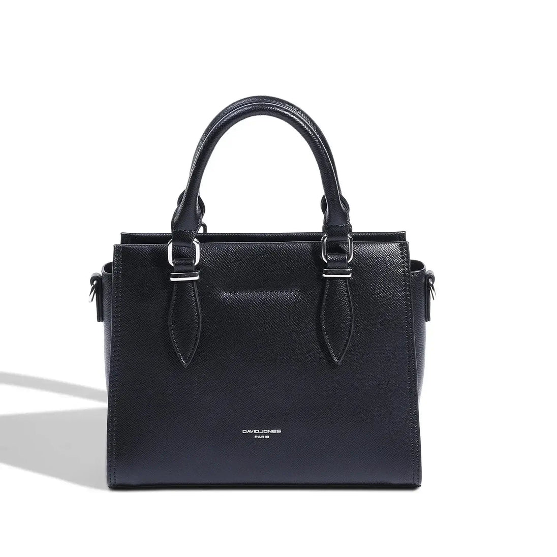 Women's structured tote bag in black leather with zipper closure and stylish design.