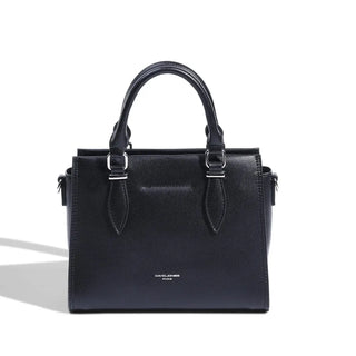 Women's structured tote bag in black leather with zipper closure and stylish design.