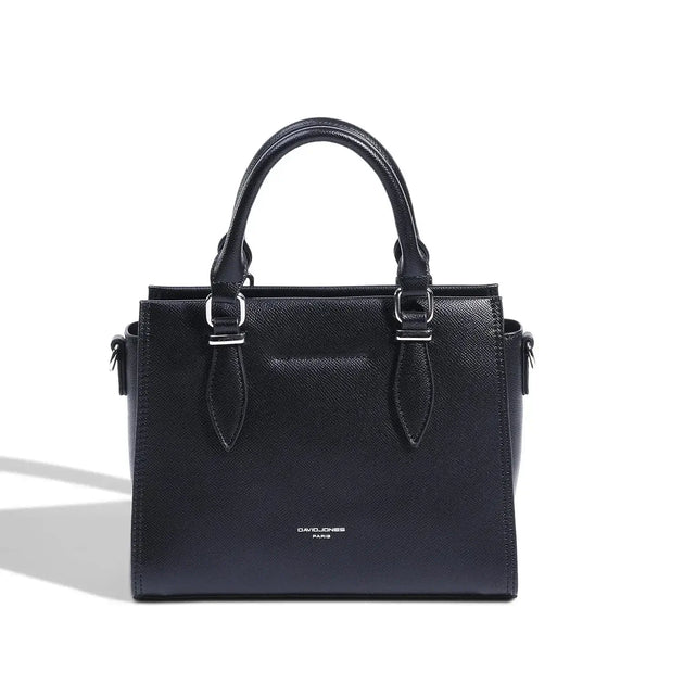 Women's structured tote bag in black leather with zipper closure and stylish design.
