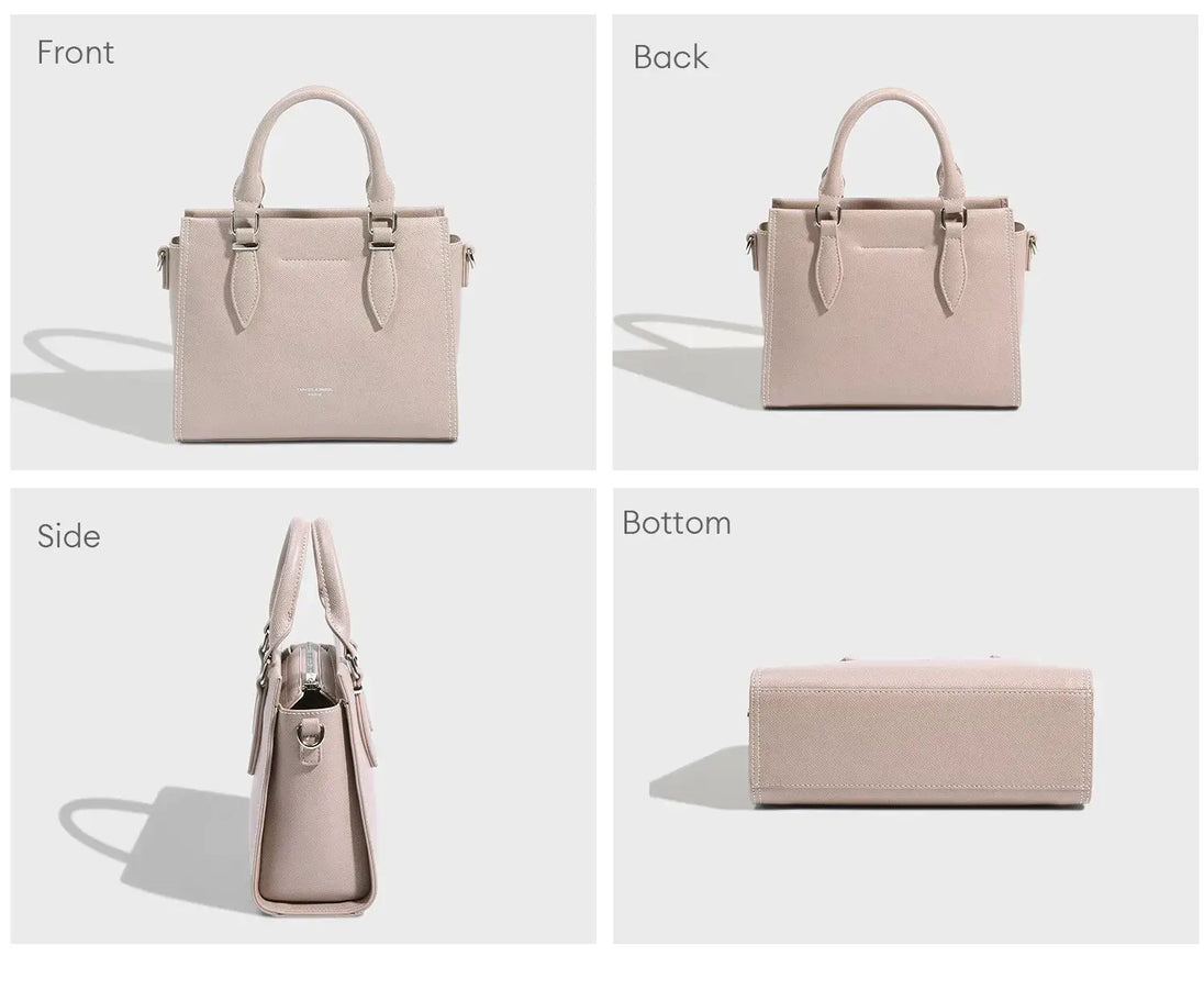 Women's structured tote bag in soft pink faux leather, showcasing front, back, side, and bottom views.