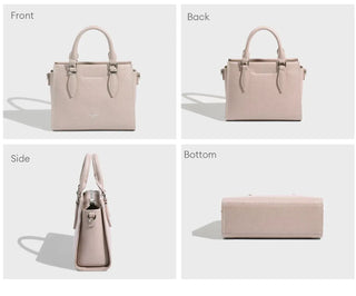 Women's structured tote bag in soft pink faux leather, showcasing front, back, side, and bottom views.