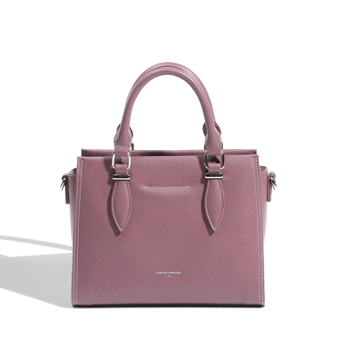Structured tote bag in deep pink leather with dual handles and exterior accents.