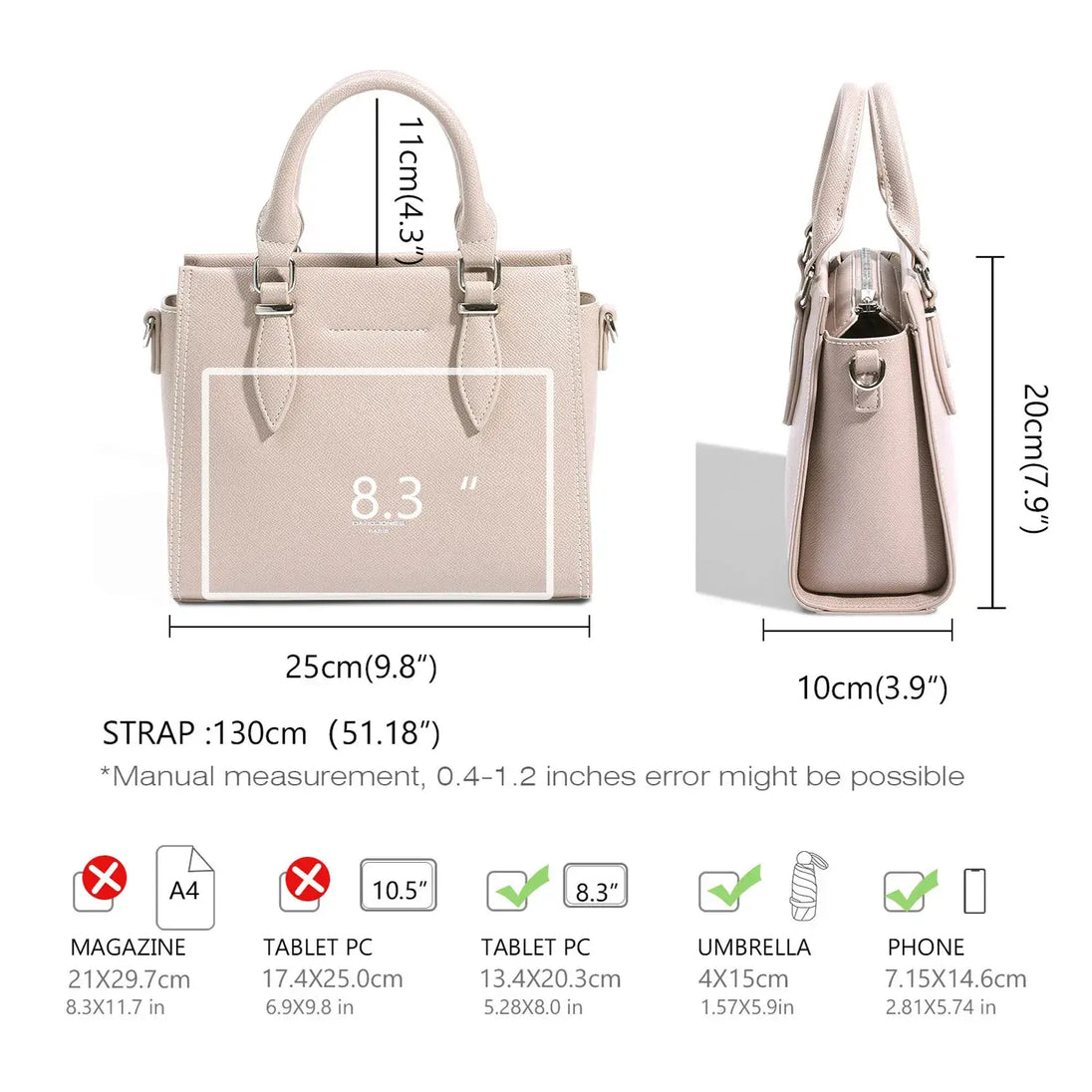 Beige structured tote bag dimensions diagram, featuring size details and compatible item sizes.