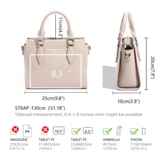 Beige structured tote bag dimensions diagram, featuring size details and compatible item sizes.