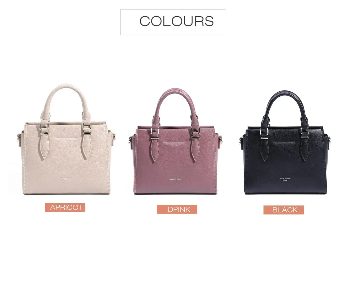 Black faux leather women's structured tote bag available in apricot, deep pink, and black.