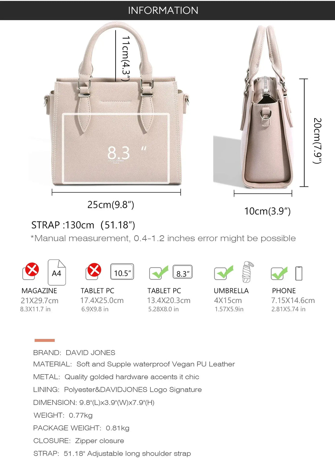 Women's Clutch Tote Bag in Soft Peach Faux Leather with Zipper Closure and Multiple Compartments.