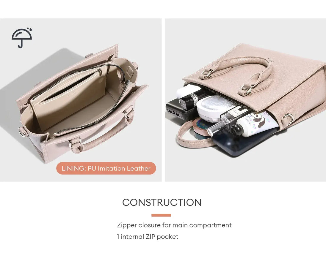 Structured tote bag in blush pink with zipper closure and internal zip pocket, perfect for casual use.