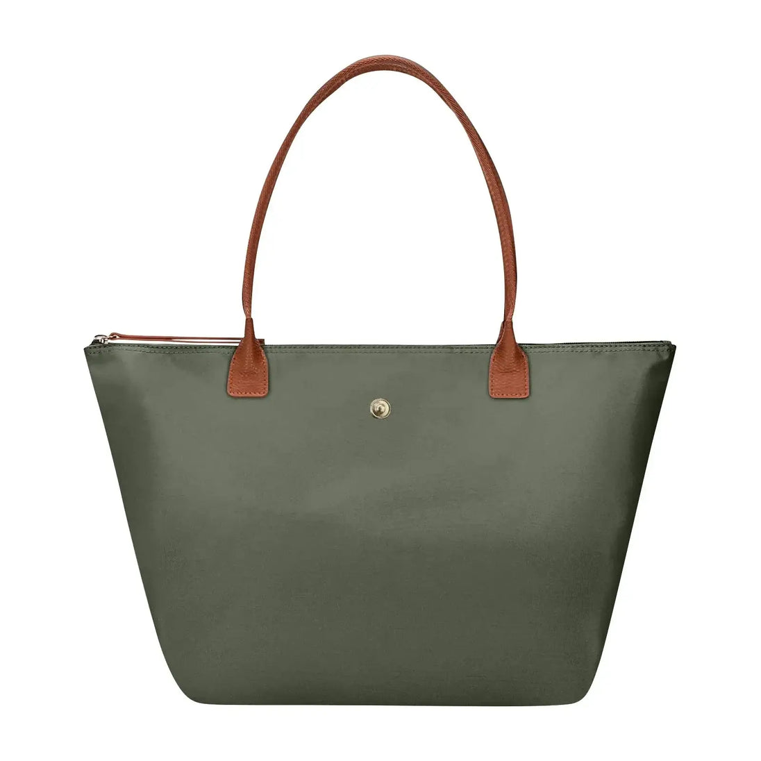 Green women’s tote bag with brown handles and zipper closure for stylish occasions.