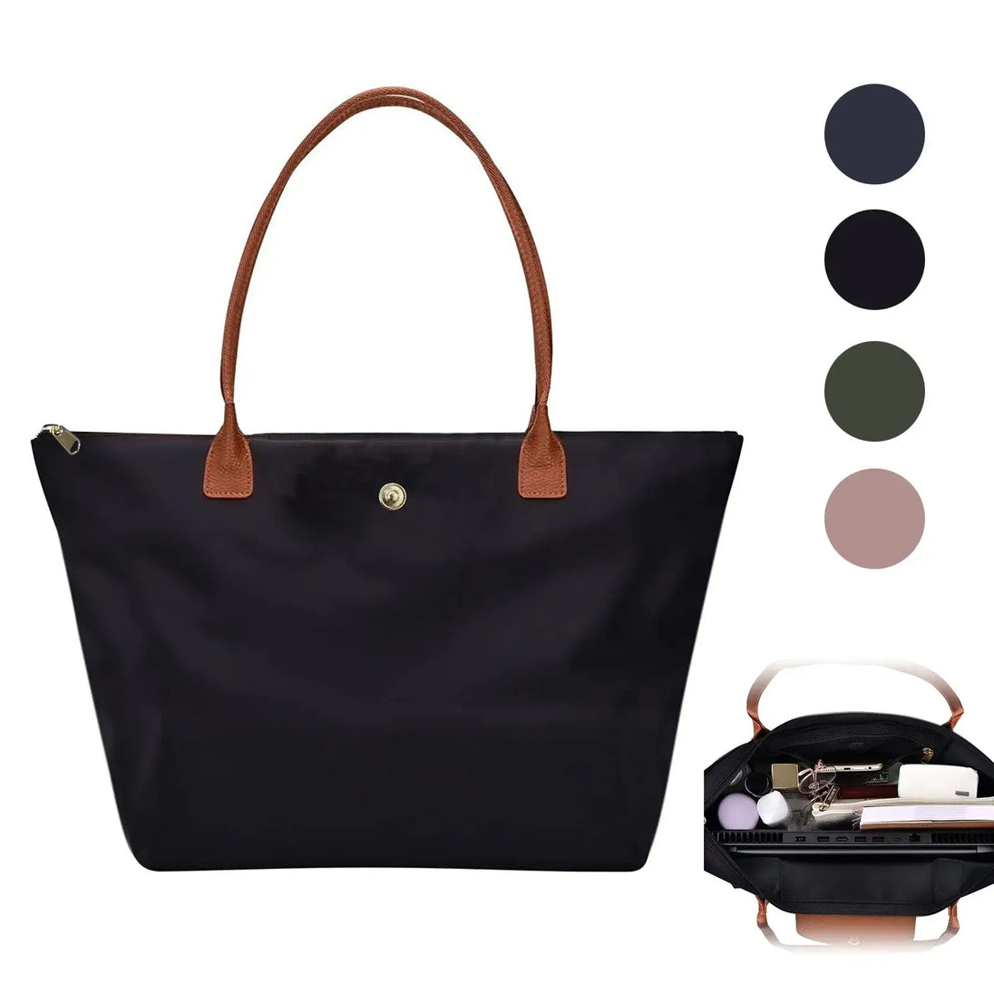 Stylish black women's tote bag with brown handles and zipper closure, perfect for parties and special occasions.