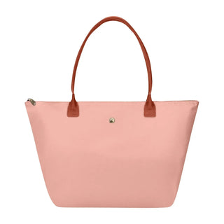 Pink women’s tote bag with brown handles and zipper closure for stylish outings and events.