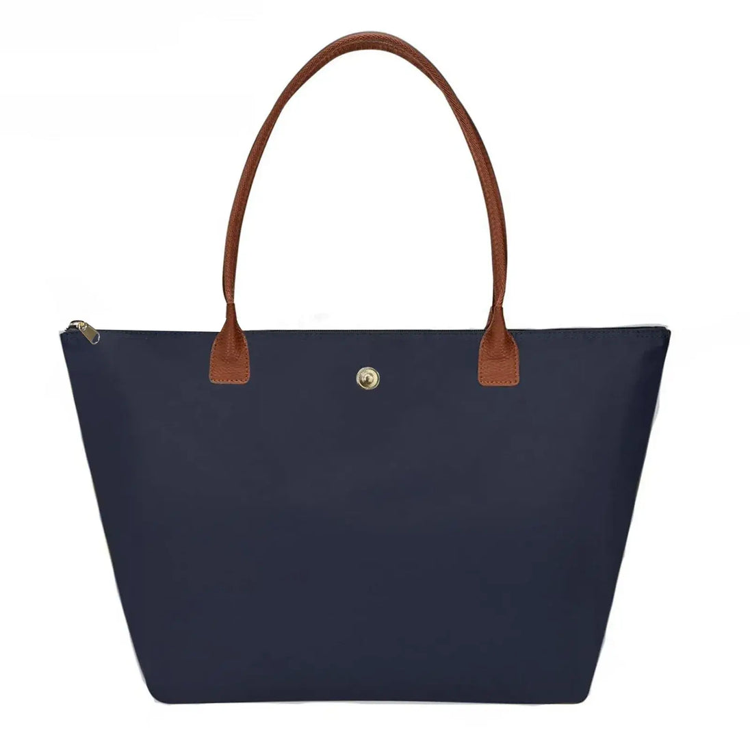 Green women’s tote bag with brown handles and zipper closure, stylish and spacious for special occasions.