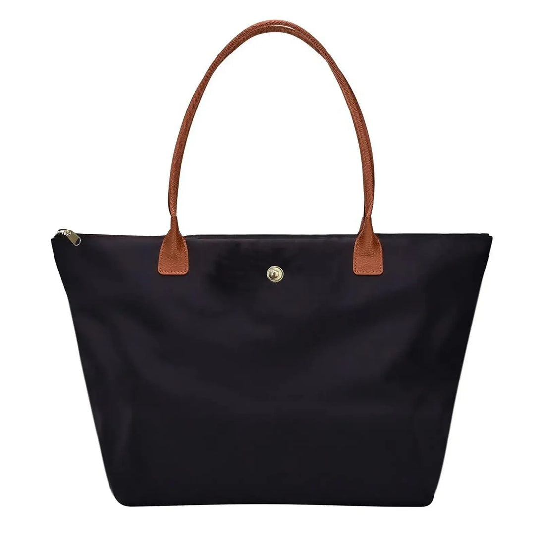 Green women’s tote bag with brown handles and zipper closure, perfect for parties and special occasions.