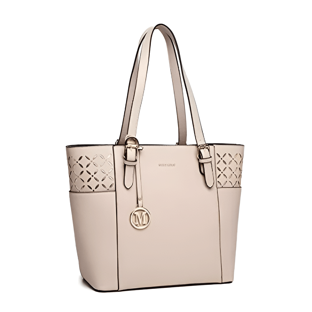 Women’s leather casual tote bag in beige with cut-out details and double handles for practical elegance.