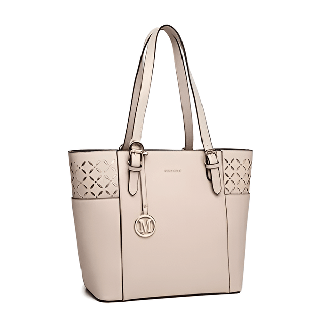 Women’s leather casual tote bag in beige with cut-out details and double handles for practical elegance.