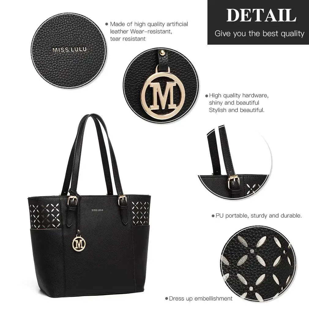 Women’s black leather casual tote bag with decorative cut-out details and shiny hardware. Durable and stylish design for everyday use.