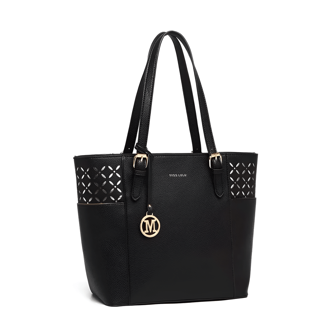 Women’s black leather casual tote bag with cut-out details and sturdy handles for versatile use.