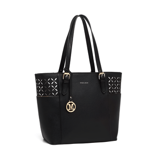 Women’s black leather casual tote bag with cut-out details and sturdy handles for versatile use.