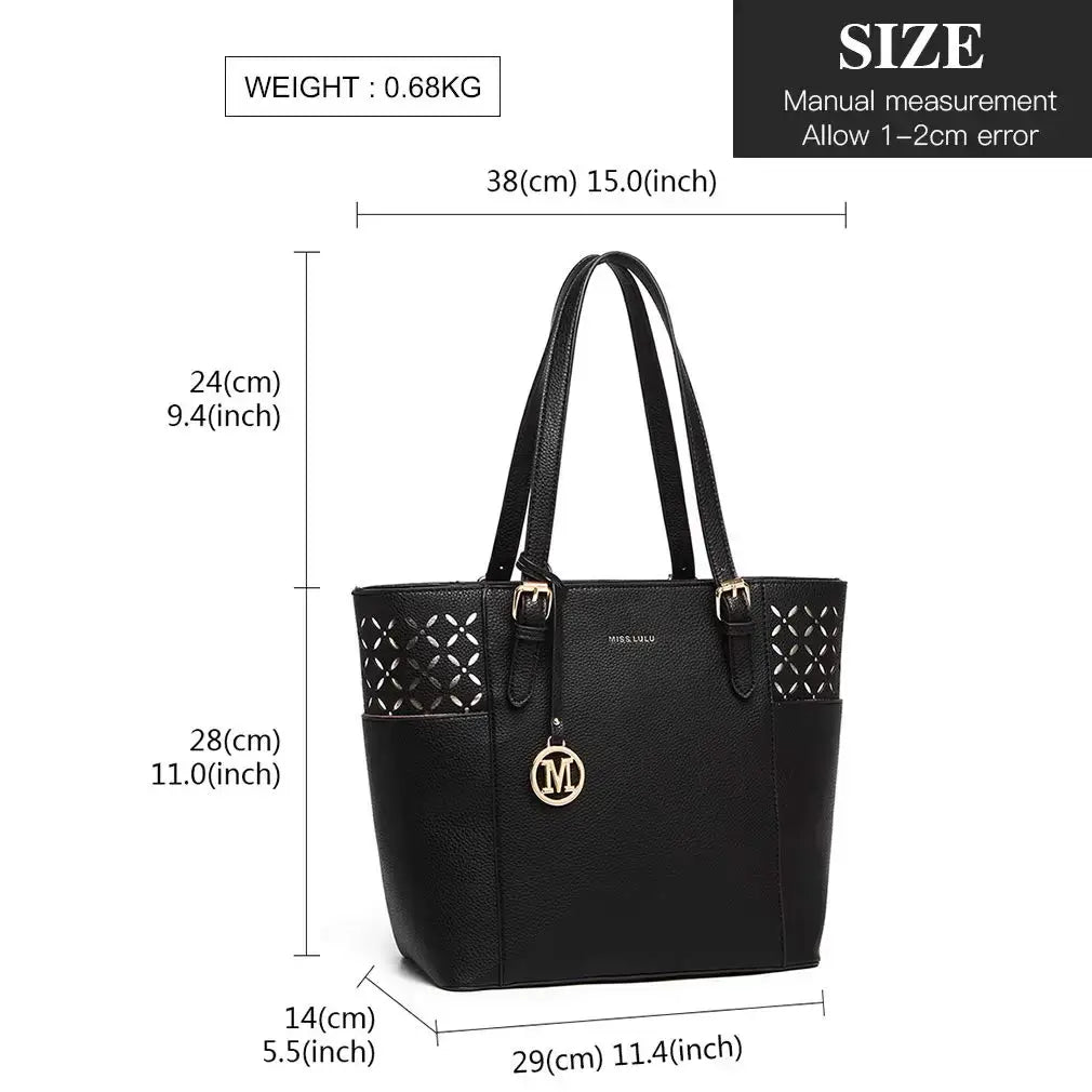 Women’s black leather casual tote bag, stylish with decorative cut-out details, ideal for daily use.
