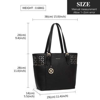 Women’s black leather casual tote bag, stylish with decorative cut-out details, ideal for daily use.