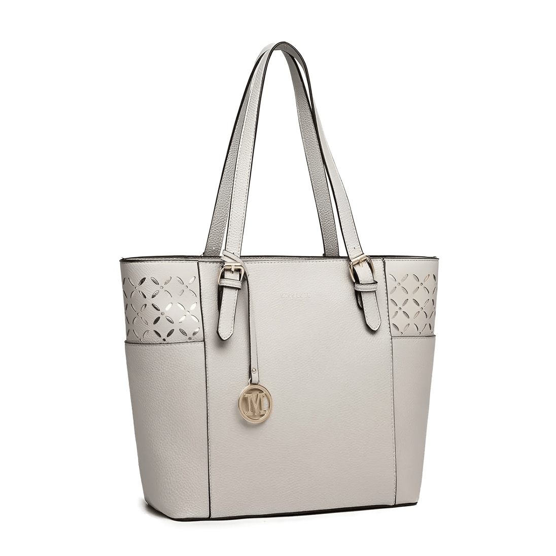 Women’s casual tote bag in light grey PU leather with decorative cut-out details and sturdy double handles.