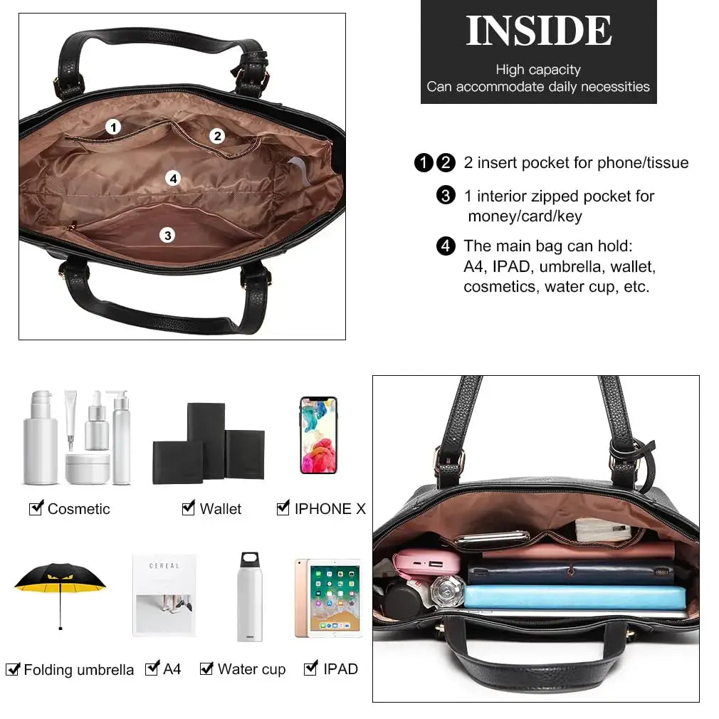 Women’s black leather casual tote bag interior showing high capacity for essentials like phone, wallet, and umbrella.