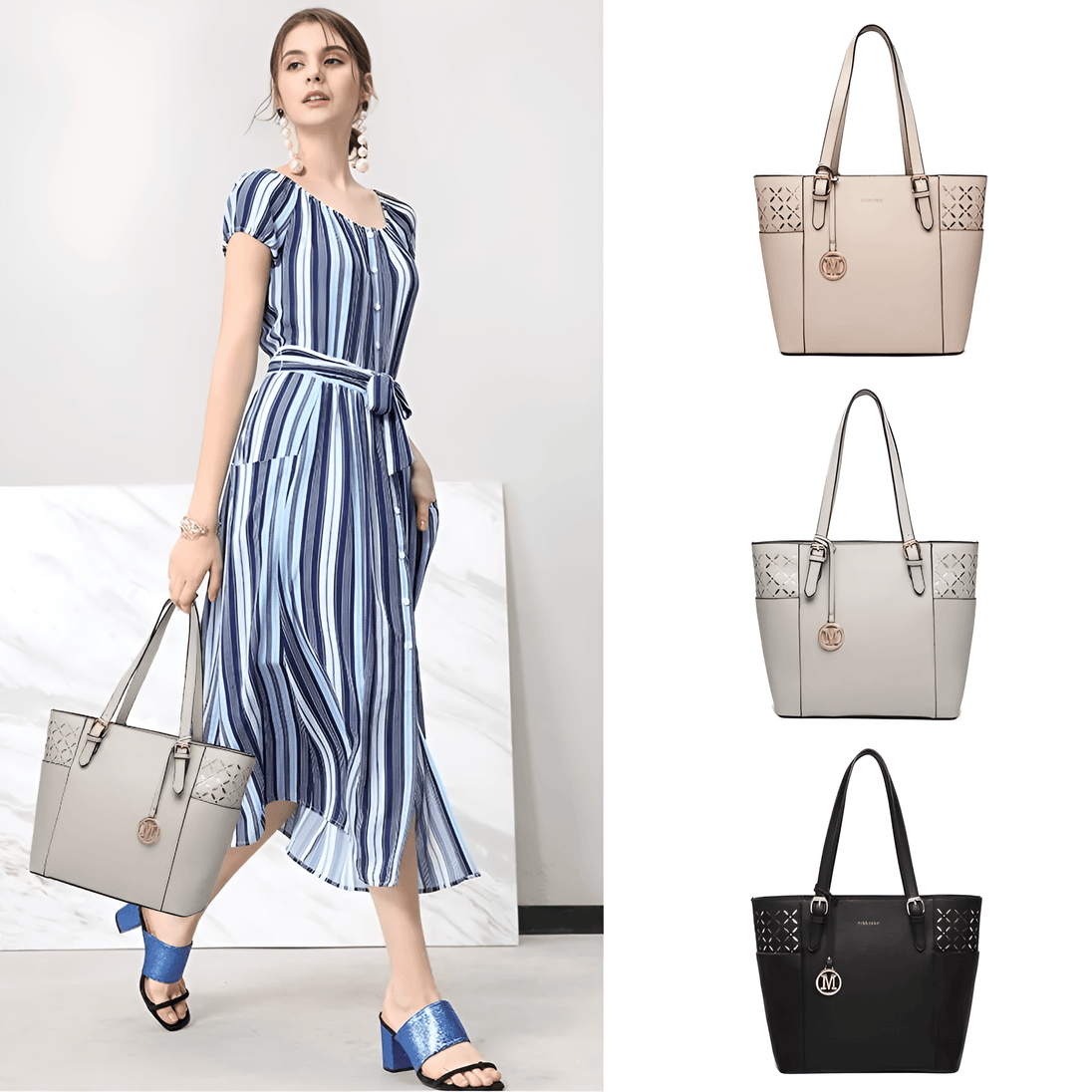 Women’s leather casual tote bag in beige, grey, and black with decorative cut-out details, ideal for work and daily use.