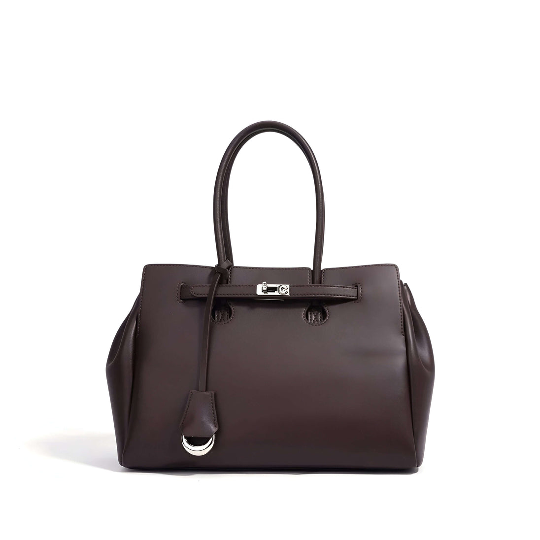 Dark brown leather women’s tote bag with top handles and silver lock detail, crafted from premium cowhide leather.