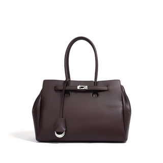 Dark brown leather women’s tote bag with top handles and silver lock detail, crafted from premium cowhide leather.