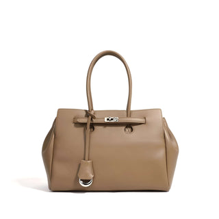 Dark brown leather tote bag for women with top handles and silver lock detail, crafted from premium cowhide leather.
