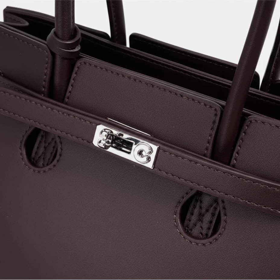 Dark brown leather tote bag with top handles and silver lock detail, showcasing its elegant craftsmanship.