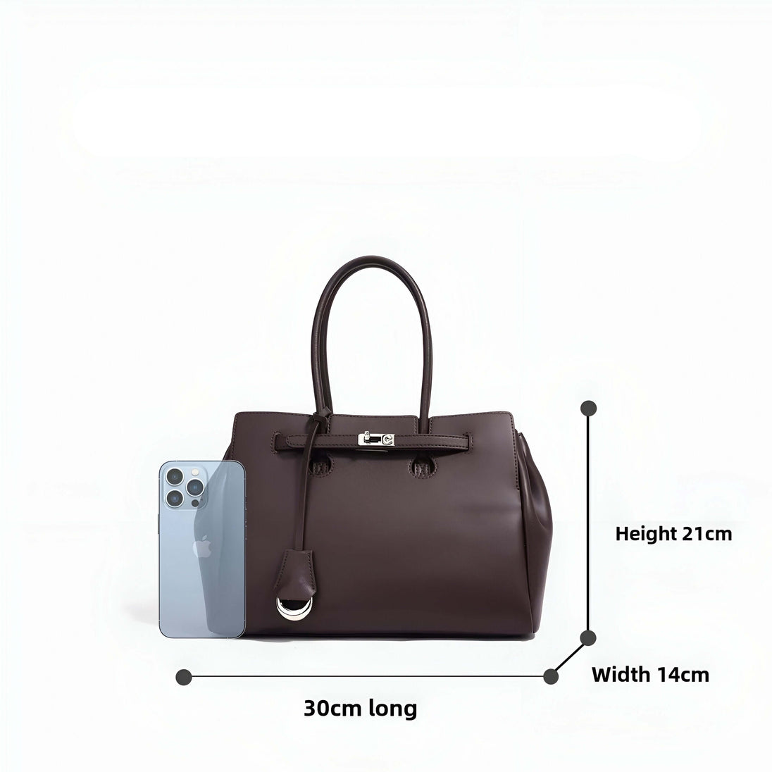 Dark brown leather women's tote bag with top handles, silver lock detail, dimensions: 30cm long, 21cm height, 14cm width.