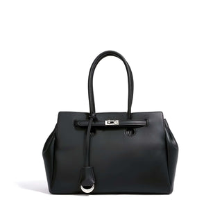 Dark Brown Leather Women’s Tote Bag with Top Handles and Silver Lock Detail, luxurious and durable craftsmanship.