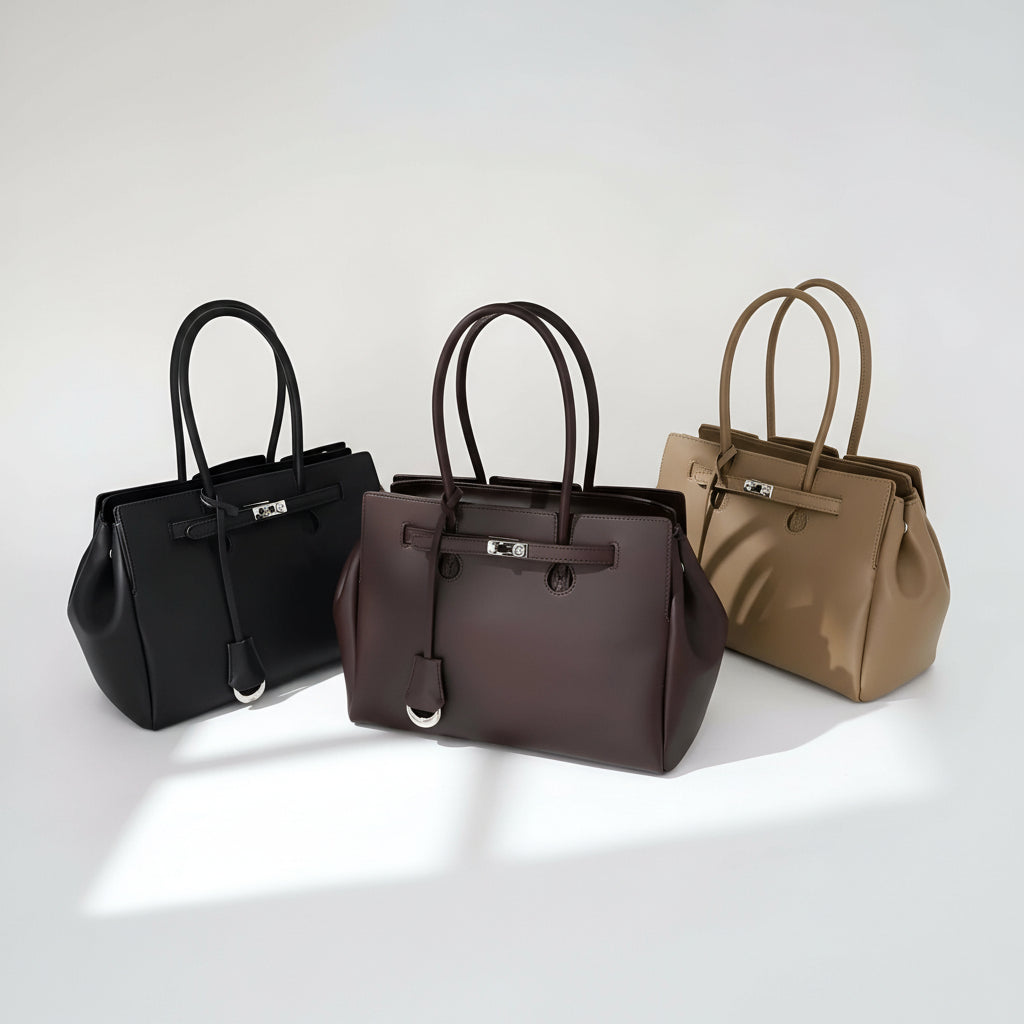 Dark brown leather tote bag with top handles and silver lock, alongside black and beige versions, elegant women's handbag.