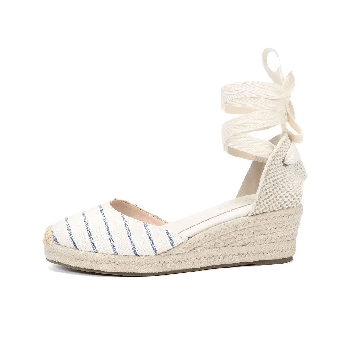 Women's espadrille sandals in white and navy stripes with lace-up ankle straps for stylish summer wear.