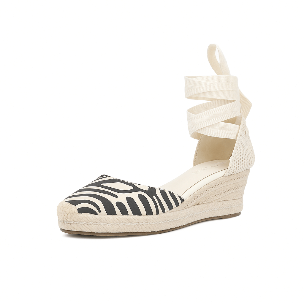 Black and white striped espadrille sandals with ankle strap and lace-up closure for women