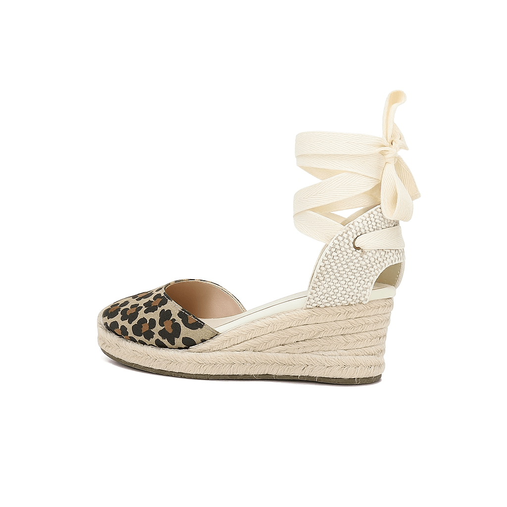 Leopard print espadrille sandals with lace-up ankle strap for women's casual fashion.