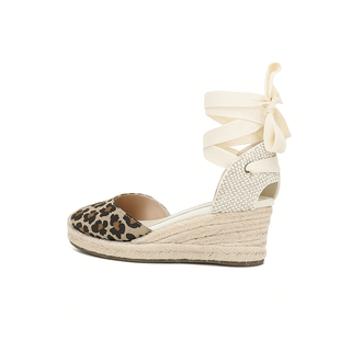 Leopard print espadrille sandals with lace-up ankle strap for women's casual fashion.