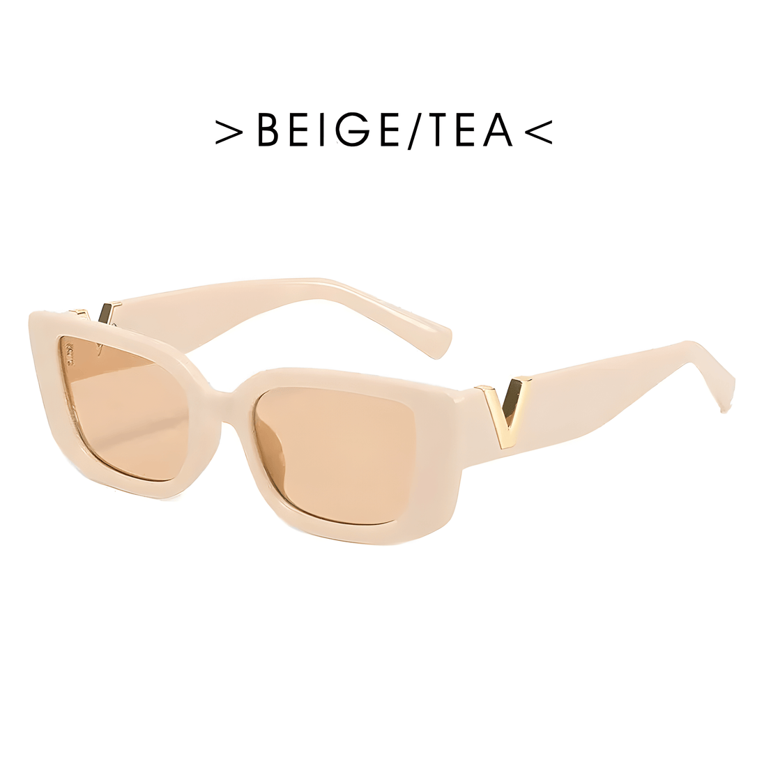 Women’s UV400 rectangle sunglasses in beige/tea color with trendy plastic frame.