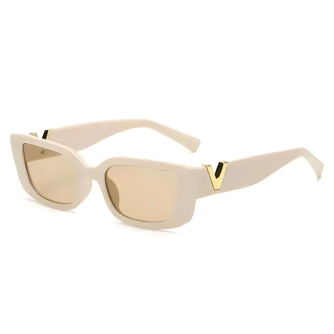 Women’s UV400 rectangle sunglasses in light beige with stylish accent detail, fashionable outdoor eyewear.