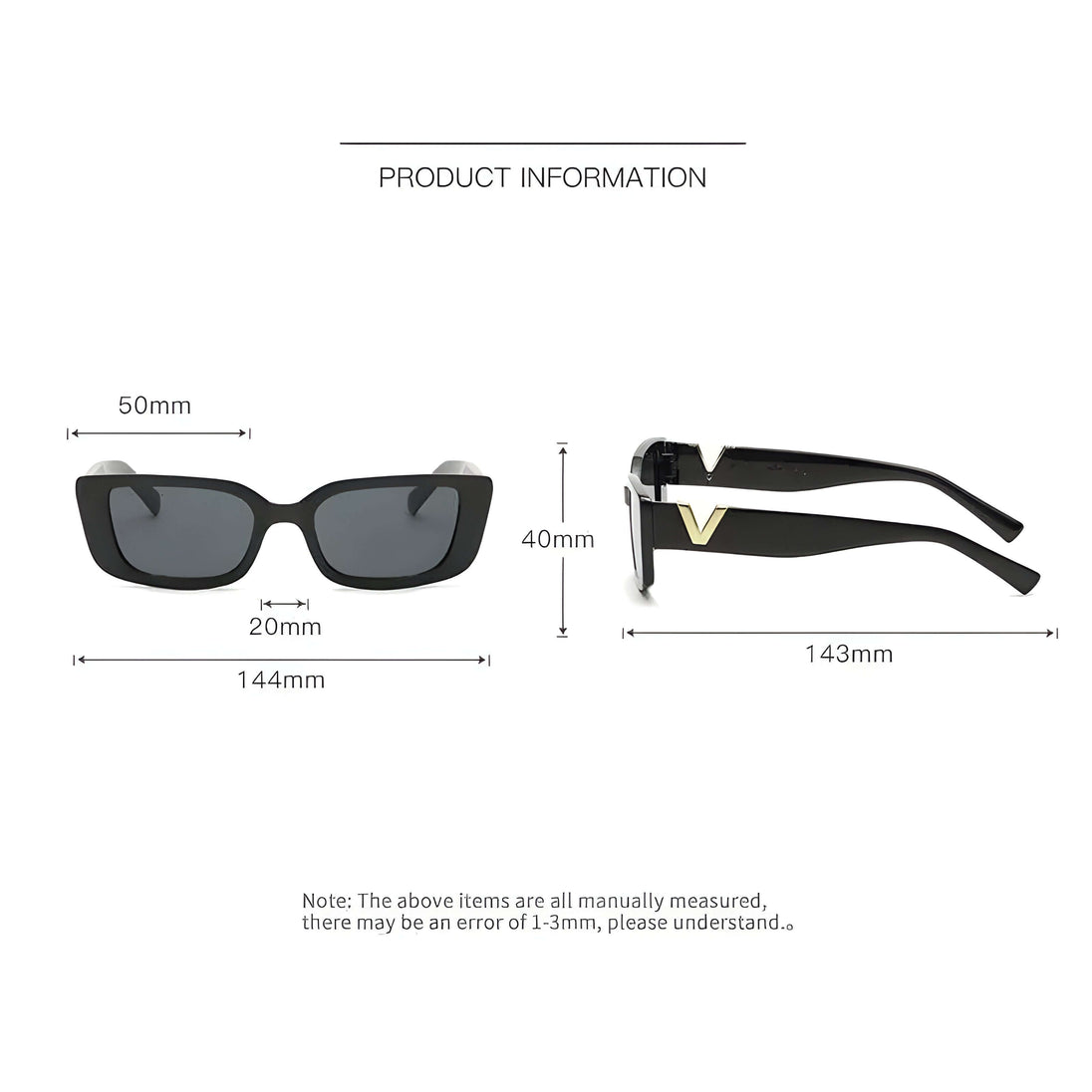 Women’s UV400 sunglasses, trendy black rectangular eyewear, frame dimensions 50mm x 40mm.
