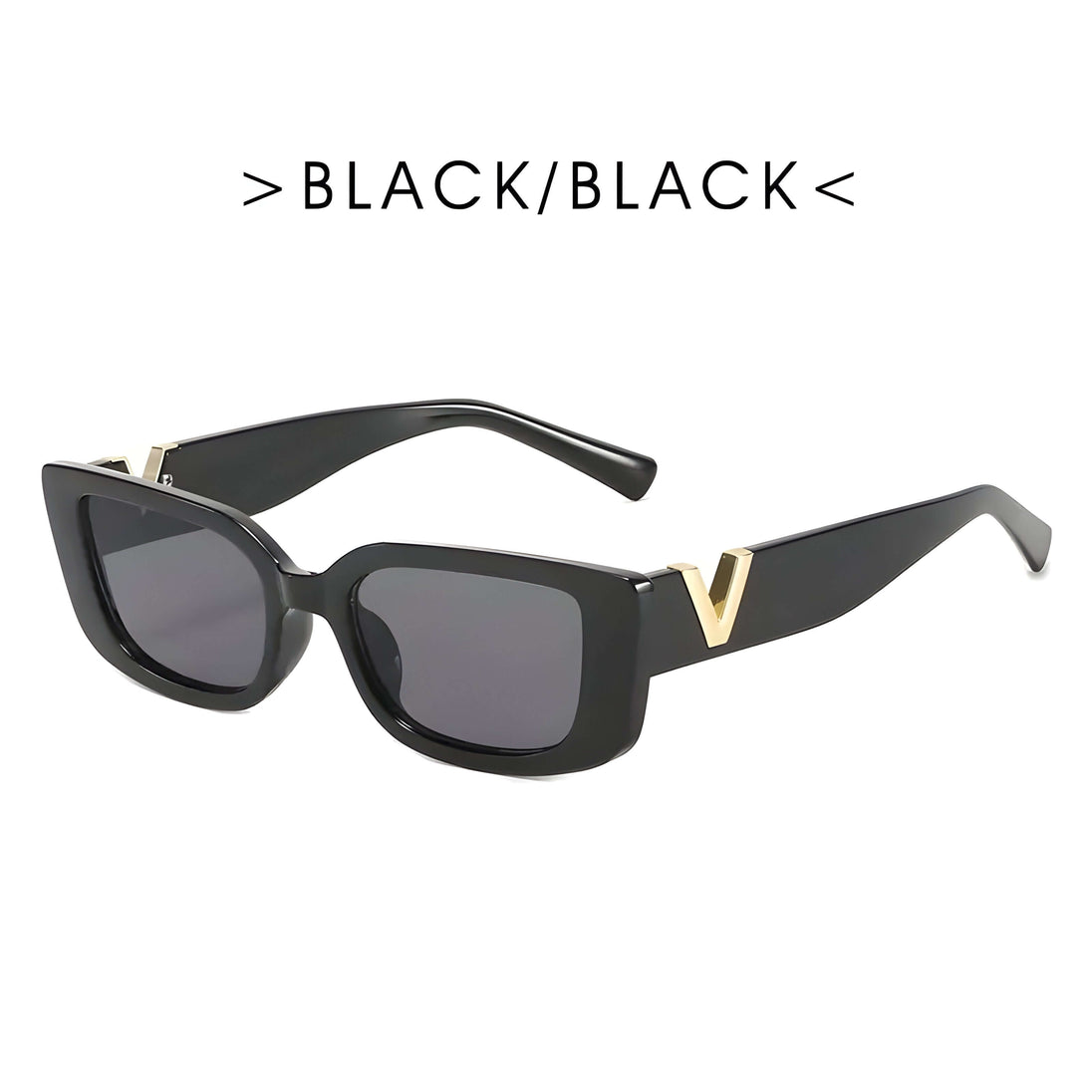 Women’s sunglasses in black, trendy rectangular style with UV400 protection.