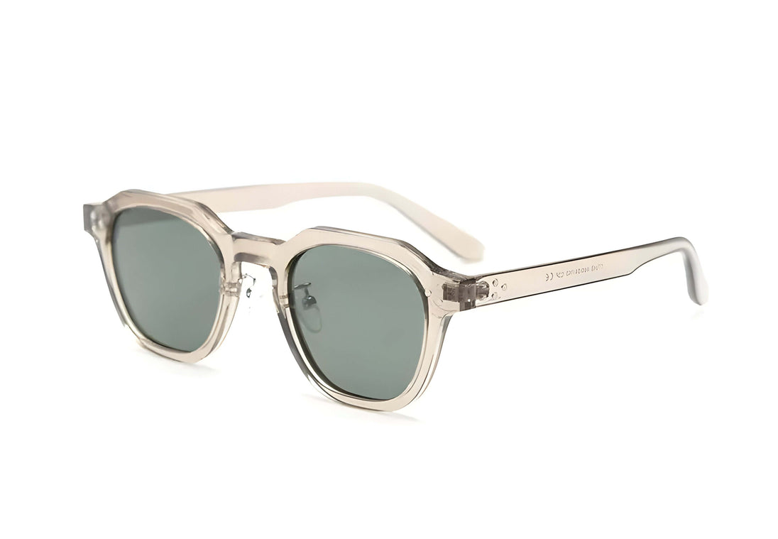 Classic unisex sunglasses in transparent frame with gray lenses, UV400 protection, perfect for outdoor activities.