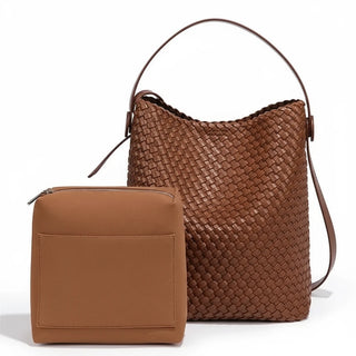 Woven brown leather bag and pouch, eco-friendly vegan design, stylish bucket shoulder and functional accessory.