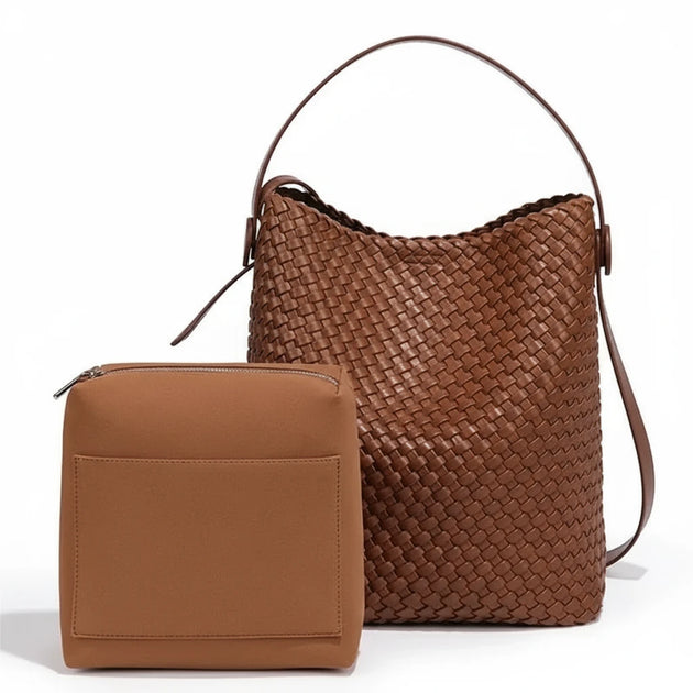 Woven brown leather bag and pouch, eco-friendly vegan design, stylish bucket shoulder and functional accessory.
