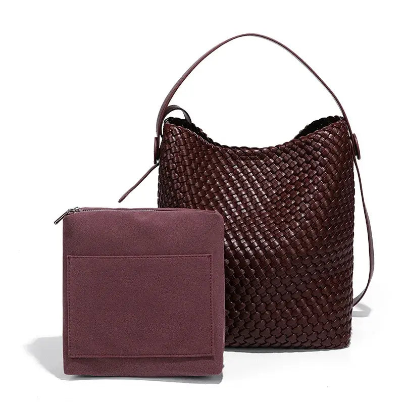 Woven leather bucket bag in burgundy with matching accessories, eco-friendly vegan PU leather, casual and stylish design.