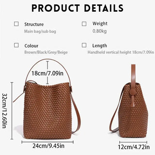 Woven leather bag in brown, 32cm x 24cm, stylish and functional bucket style with shoulder strap.